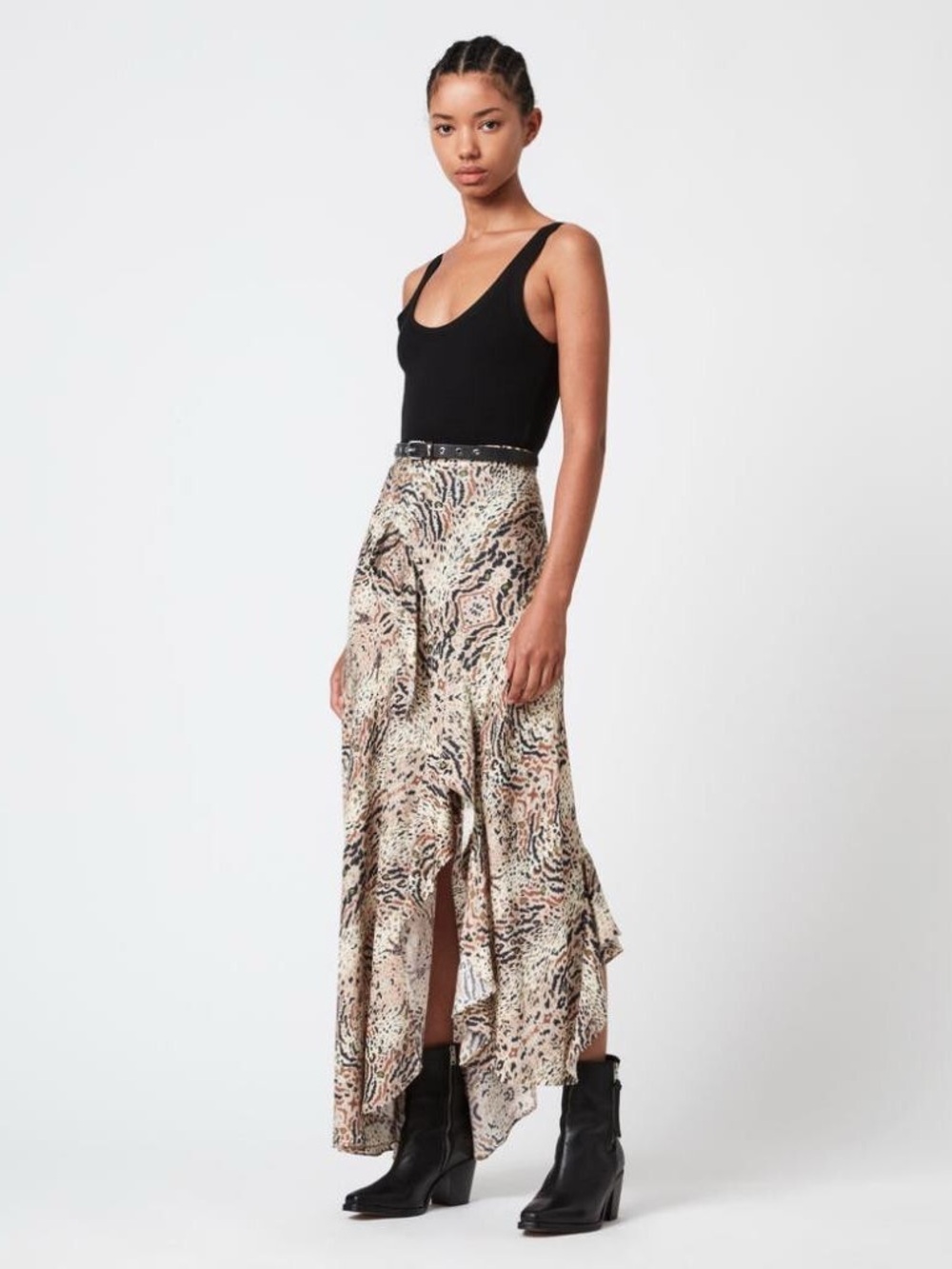 AllSaints Beige and Black Asymmetric Animal-Print Maxi Skirt